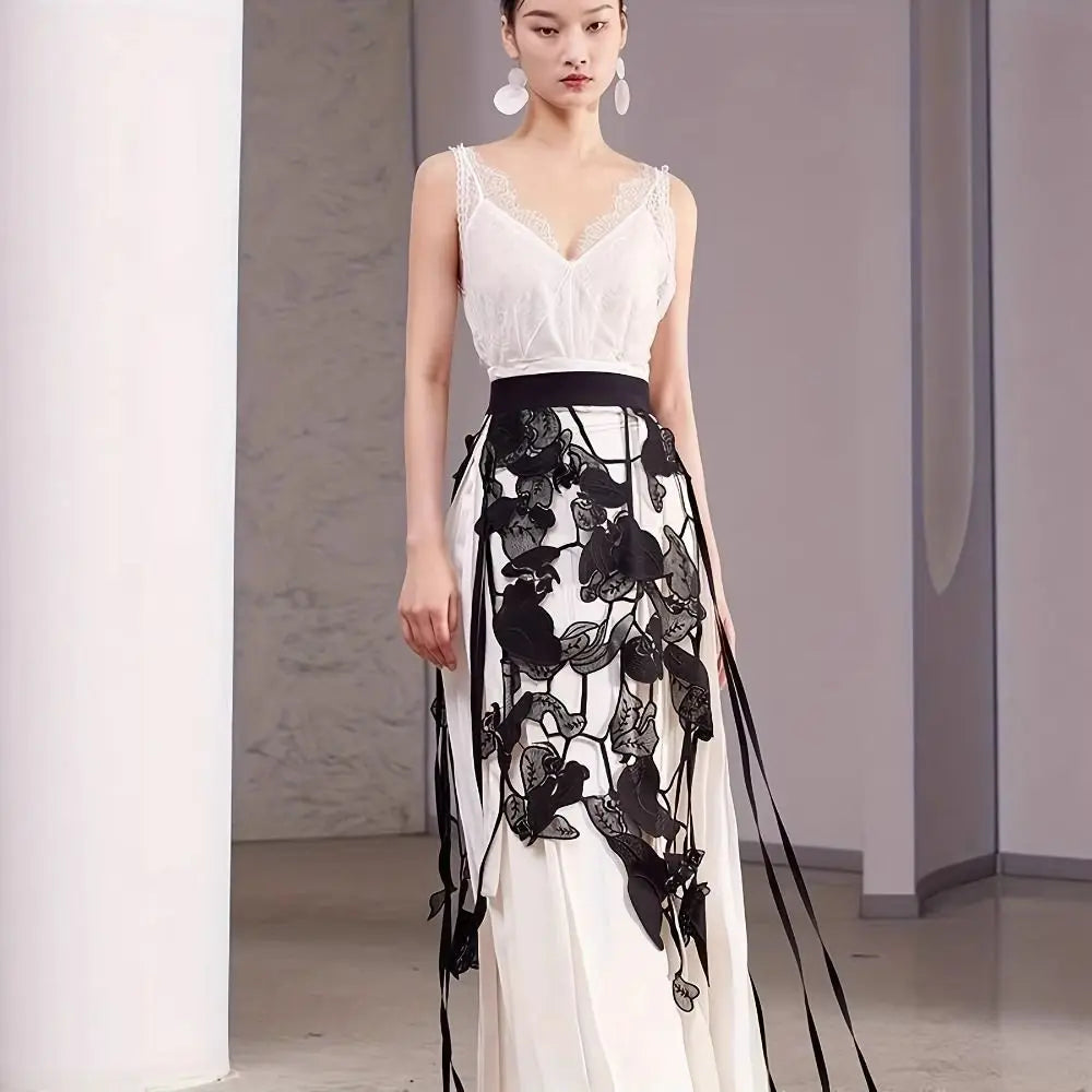 High Waist Lace Midi Skirt Hollow Flower Tassels Embroidered Flower Lace Girdle Belt Harajuku See Through Lace Drawstring Skirt