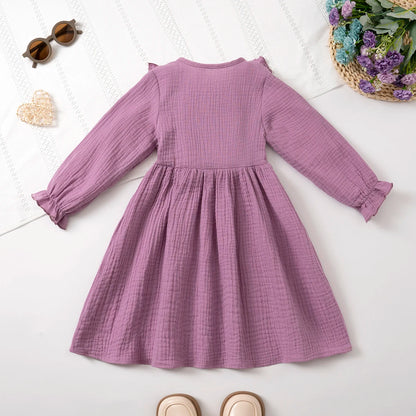 Girls' Long-Sleeve Dress Kids Cotton Skin-Friendly Breathable, Ruffled Shoulder & 3D Button Design, Soft For Party and Gift 3-8Y