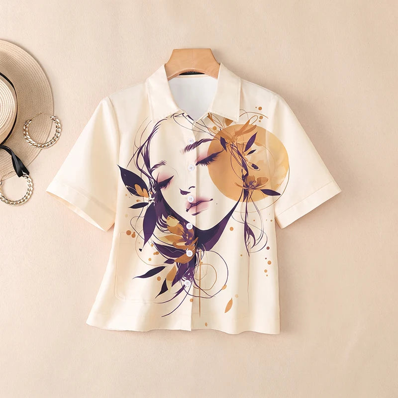 ZANZEA Woman Abstract Art Printing Short Sleeve Shirts Turn-Down Collar Button Up Blouses Summer Casual Daily Streetwear Top 3XL