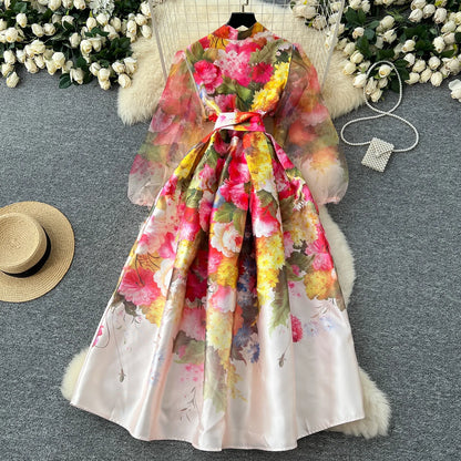 Women Dresses Mesh Long Dress Flower Print Lantern Sleeve V Neck Lace Up Tight Waist A Line Spring Maxi Gown Female Vestidos