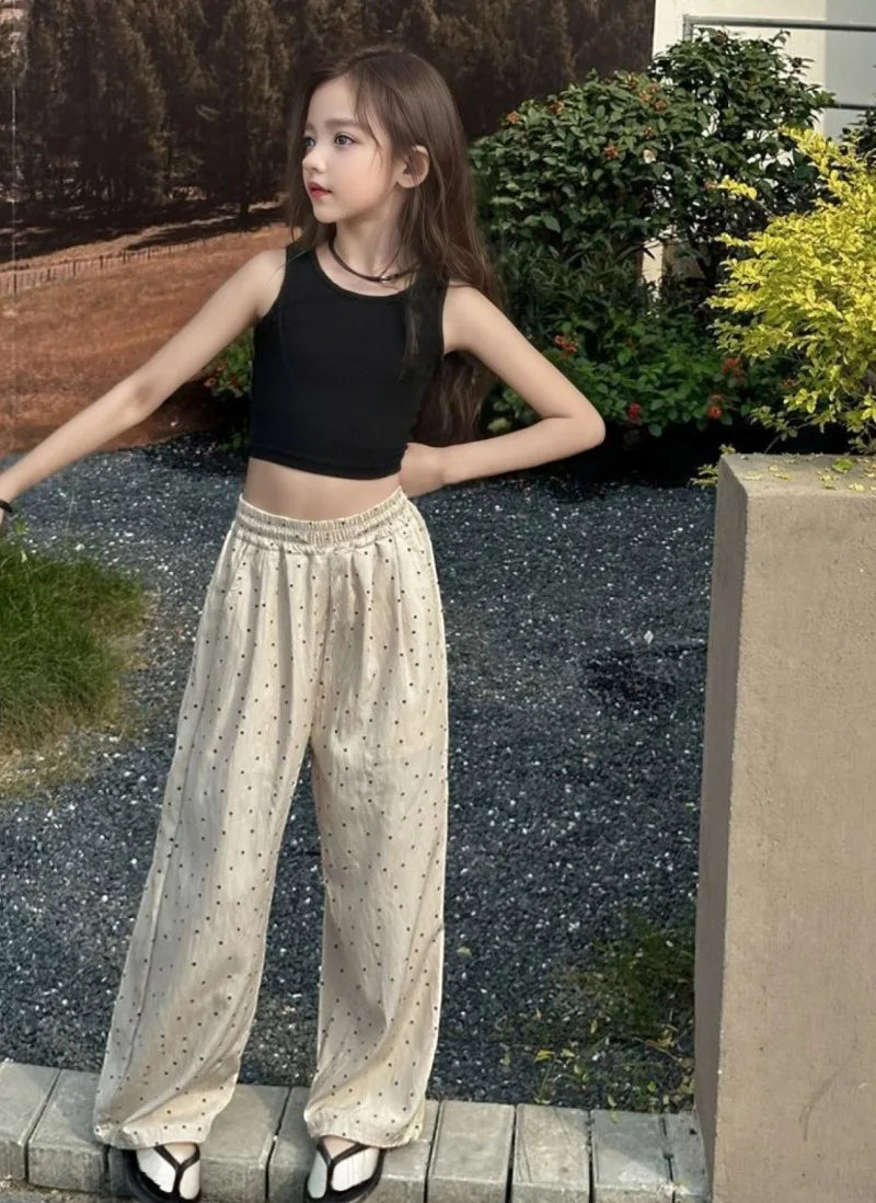 Girls' Summer Lightweight Polka Dot Straight Leg Pants Anti Mosquito Loose Fit Casual Longwear for Kids