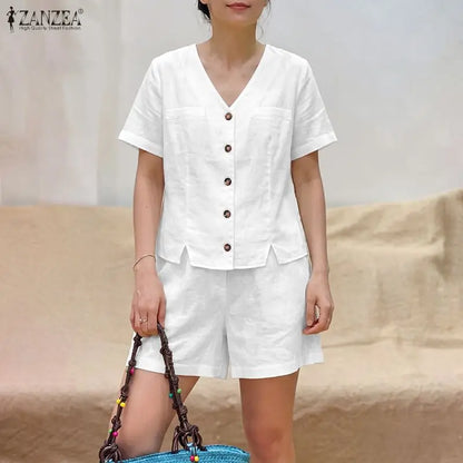 Summer Elegant V Neck Short Sleeve Blouse Short Sets ZANZEA Stylish Women 2 Pieces Sets Casual Solid OL Work Outfits Tracksuit