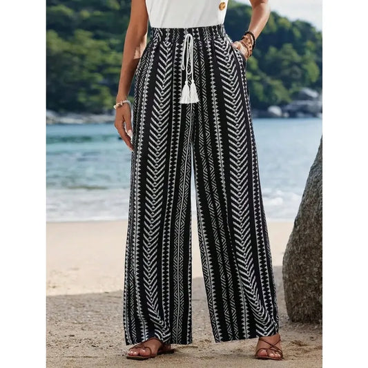 Plus Size 1XL-5XL New Women's Striped Printed Casual and Simple Wide Leg Pants Ladies Casual Lace Up Leg Pants