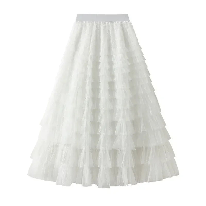 HOT Solid Multilayer Ruffle Mesh Skirt Women Boho High Waist Long Maxi Tulle Skirt Spring Summer Party Women's Clothing