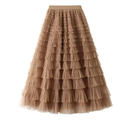 HOT Solid Multilayer Ruffle Mesh Skirt Women Boho High Waist Long Maxi Tulle Skirt Spring Summer Party Women's Clothing