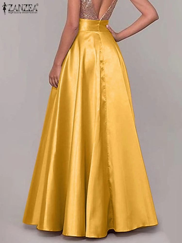 2026 ZANZEA Fashion Satin Party Skirts Elegant High Waist Jupe Maxi Vestidos Women Sundress Female A-line Faldas Saia Oversize