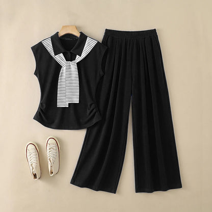 ZANZEA Women 2 Pieces Matching Sets Fashion Striped Tie Patchwork T-Shirt & Wide Leg Pant 2pcs Suits Casual Chic Tracksuits