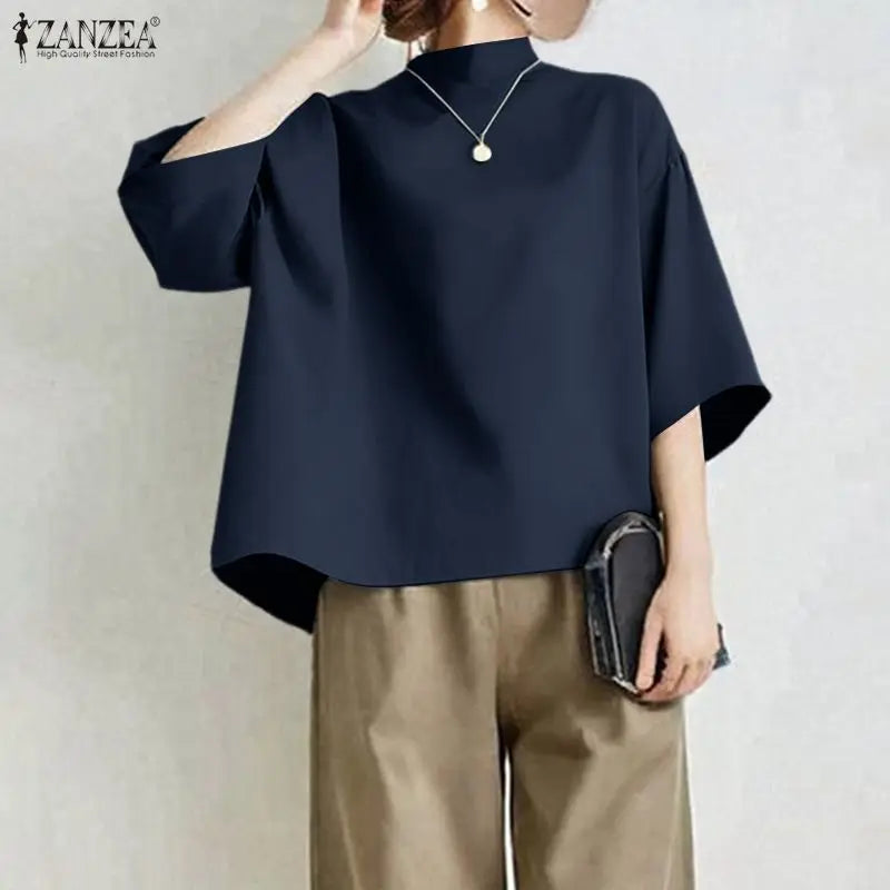 ZANZEA Casual Style High Low Blouses Women 2026 Spring Drop-Shoulder 3/4 Sleeve Stand Collar Solid Tops Fashion Woman Clothes