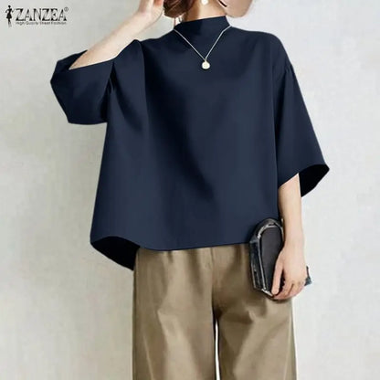 ZANZEA Casual Style High Low Blouses Women 2026 Spring Drop-Shoulder 3/4 Sleeve Stand Collar Solid Tops Fashion Woman Clothes