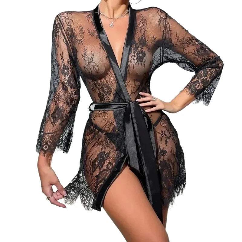 Toucheart Sexy Lingerie Sexy Nightgown For Women See-Through Lace Printing Deep V-Neck Home Ultrathin Lace Up Nightgown Set New