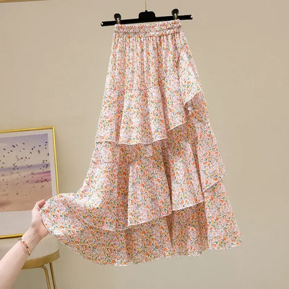 Hot Sale Floral Skirt Women New Summer 2025 Sweet Ruffled A-line Chiffon Long Skirt Woman Korean Clothing