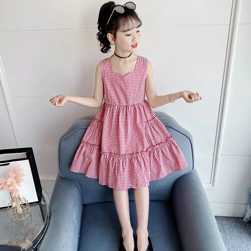 Backless Plaid Skirt Dresses Girls From 8 To 14 Years Holiday Dress 2025 Sets for Children Teen Girl Clothes Kid's Elegant Pink