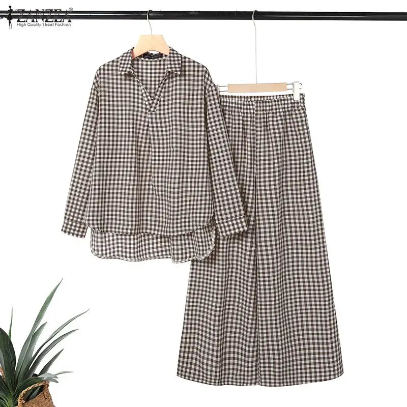 ZANZEA Women's Gingham Pant Suits Collared Long Sleeve High-Low Blouse & Wide Leg Pant 2 Pieces Sets Streetwear Casual Outfits