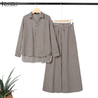 ZANZEA Women's Gingham Pant Suits Collared Long Sleeve High-Low Blouse & Wide Leg Pant 2 Pieces Sets Streetwear Casual Outfits