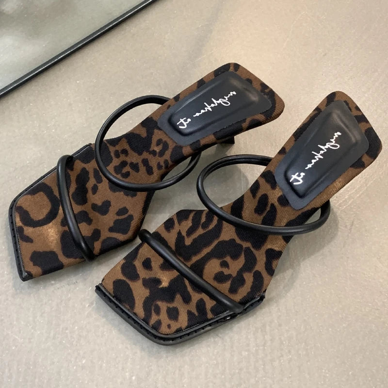 Fashion Leopard Narrow band Women Sandals Square toe thin Heel Slide Sandals Summer Sexy Open Toe non-slip heeled shoes woman