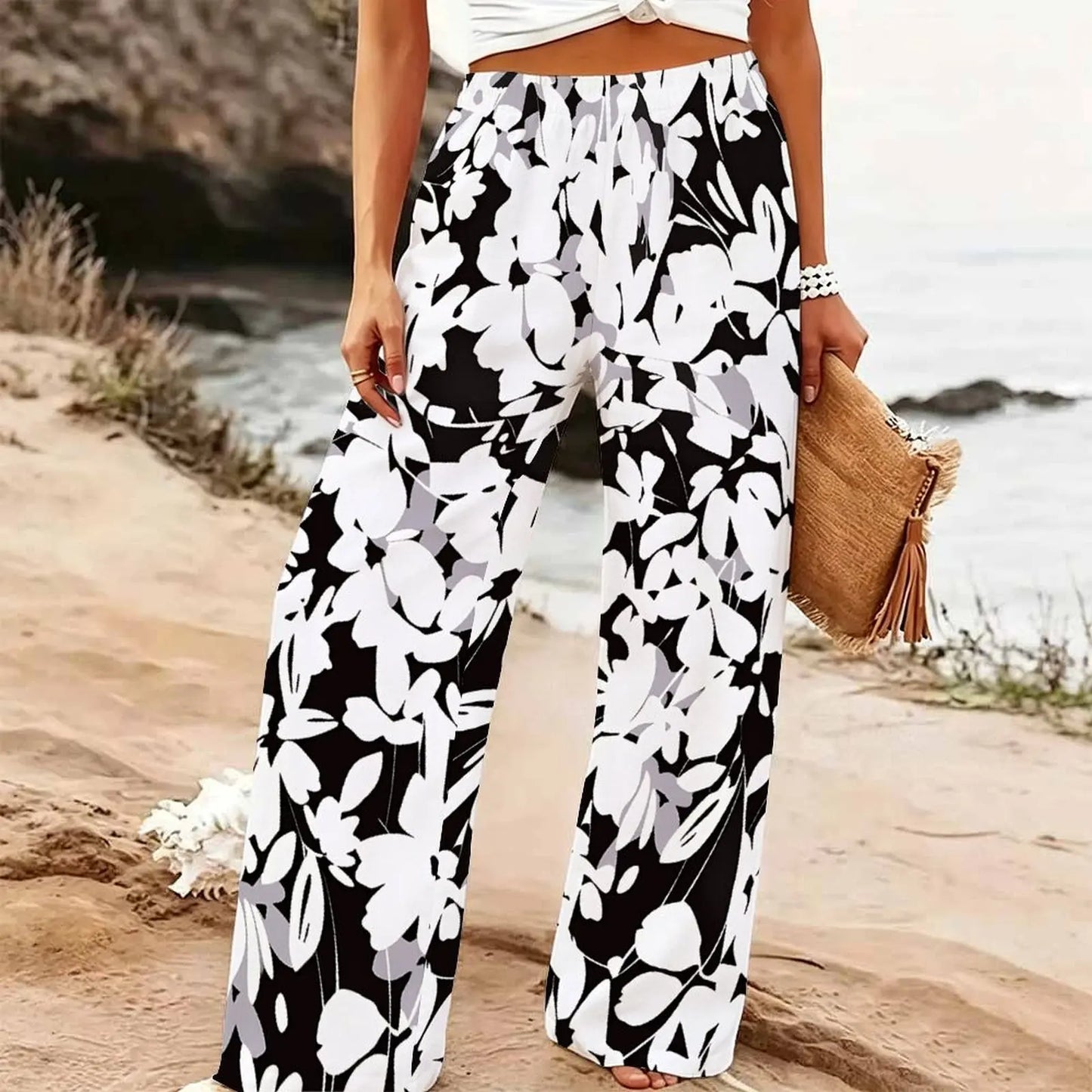 Women's Summer Beach Wide Leg Trousers Floral Print Elastic High Waist Loose Fit Casual Vacation Palazzo Pants