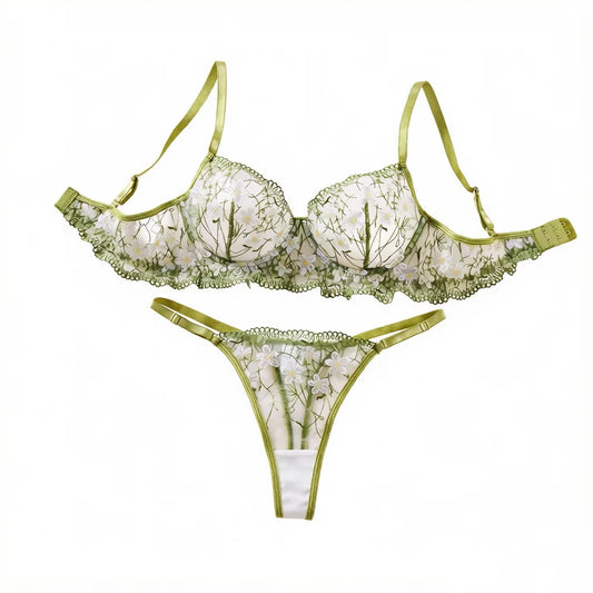 Daisy Floral Embroidery Sheer Mesh Lingerie Set Women Green Underwire Bra And Thong Sexy Ladies Underwear ZA825194