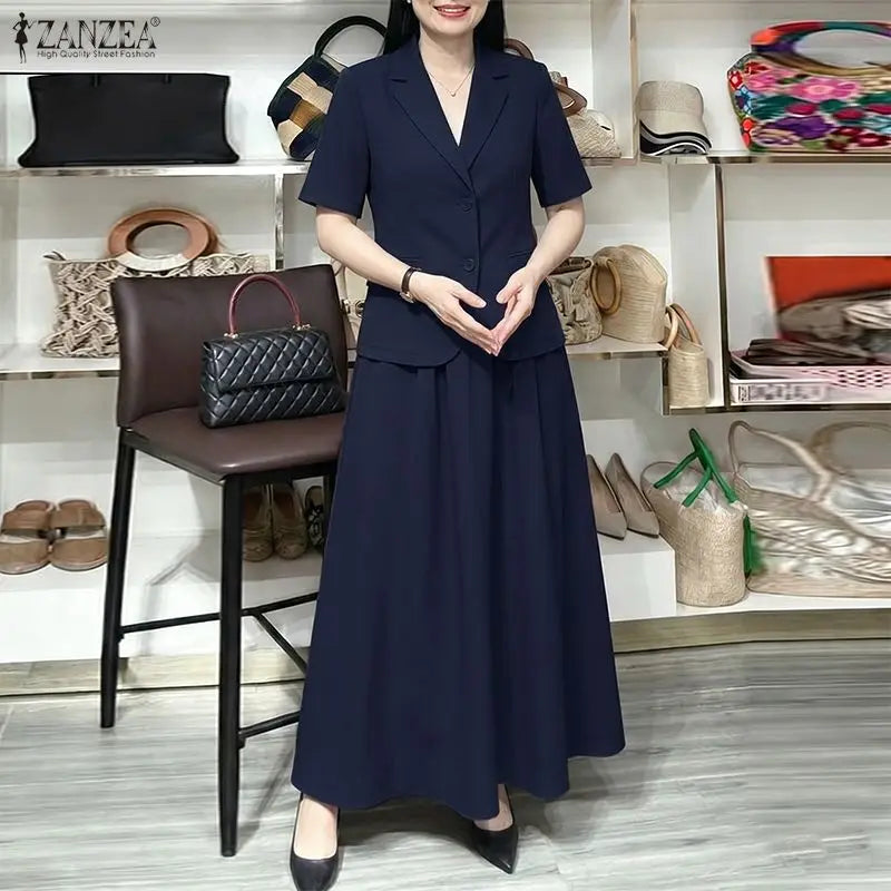 ZANZEA Women Elegant Chic Matching Skirt Sets Lapel Collar Short Sleeve Tops & A-Line Maxi Skirts 2pcs Suits Office Wear Outfits