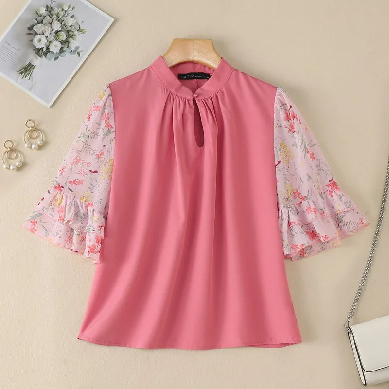ZANZEA Women's Vintage Mandarin Collar Blouses Floral Chiffon Half Flare Sleeve Patchwork Tops Elegant Casual Blusas de Mujer