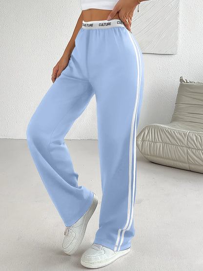 Side Stripe Wide Leg Sweatpants - "CULTURE" Print Waistband Casual Pants for Women
