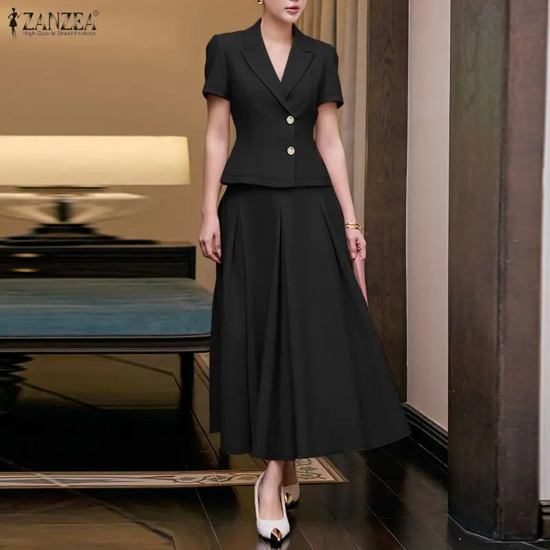 ZANZEA Summer Office 2 Piece Sets Women Outfits 2026 Elegant Lapel Neck Short Sleeve Shirt Dress Suit Stylish OL Work Skirt Sets