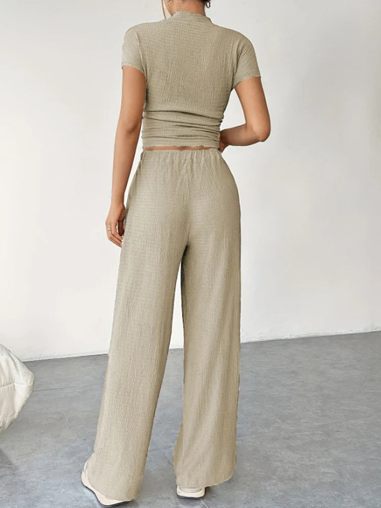 2Pcs/Set Women's Casual Sports Set Spring and Summer Basic Solid Color Slim Lady's Round Neck Short Sleeve Top and Floor Pants