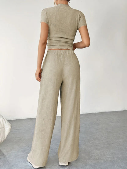 2Pcs/Set Women's Casual Sports Set Spring and Summer Basic Solid Color Slim Lady's Round Neck Short Sleeve Top and Floor Pants