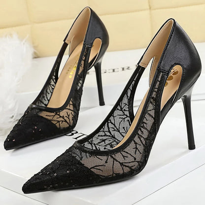 BIGTREE Shoes Women Pumps Hollow Lace Mesh High Heels Sexy Party Shoes Stiletto Heels 9.5 cm Pointed Tip Female Banquet Shoes