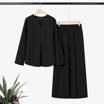 Women's Loose Pant Suits Half-Button Long Sleeve Blouse & Wide Leg Pant 2 Piece Sets ZANZEA Summer Daily Casual Pant Sets Outfit