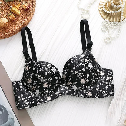 Retro Floral Print Bras Push Up Bra Small Chest Thick Mold Cup No Steel Ring Wirelss Bra Student Seamless Sweet Bra For Girls