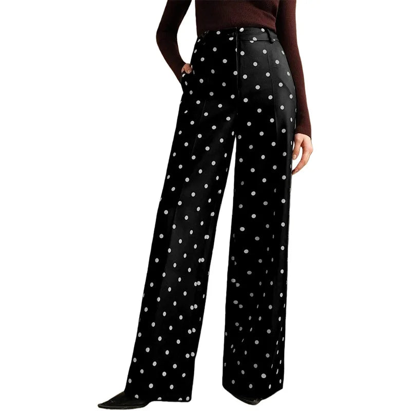Fashionable Women's Vintage Polka-dot Wide-leg Pants, High-waisted Casual Trousers, Available in Beige, Black, Blue, and Brown.