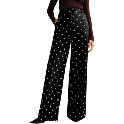 Fashionable Women's Vintage Polka-dot Wide-leg Pants, High-waisted Casual Trousers, Available in Beige, Black, Blue, and Brown.
