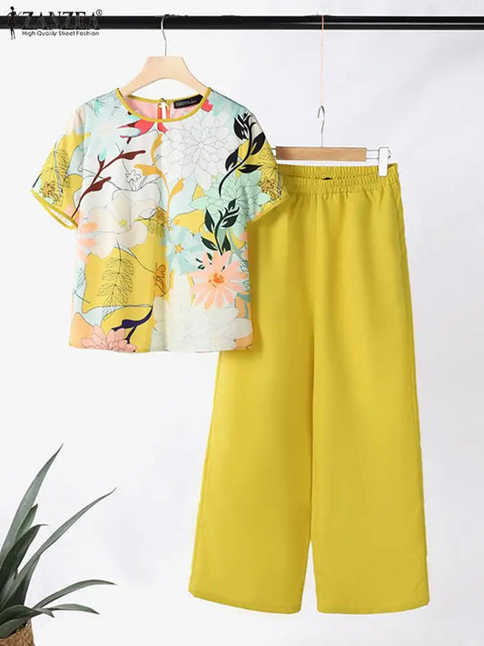 ZANZEA Elegant Casual Pant Sets Women Floral Print Short Sleeve Blouse Wide Leg Trouser Holiday 2pcs Outfits Summer 2-Piece Sets
