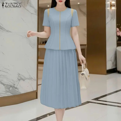 Elegant Summer OL Work Dress Sets 2026 ZANZEA Office Women 2 Piece Sets Short Sleeve Blouse Pleated Skirt Suit Patchwork Outfits