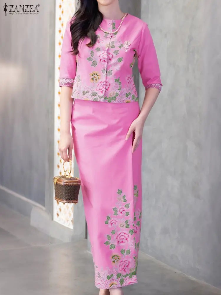 ZANZEA Vintage Floral Printing 2 Pieces Skirt Sets Women Elegant 3/4 Sleeve Short Tops and Long Pencil Skirts 2pcs Suits Outfits
