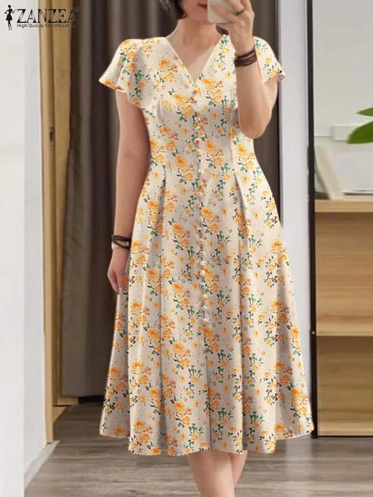 ZANZEA Women Fashion All-over Floral Print Party Dress Elegant V Neck Ruffle Short Sleeve Midi Dresses Casual A-line Vestidos