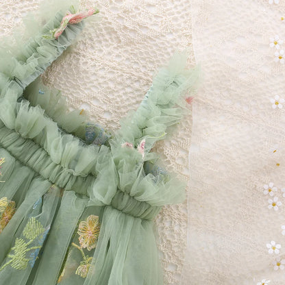 Summer New Girls Dress Halter Mesh Pleated Flower Embroidery Sweet Princess Dress Birthday Party Dress (0-3 Years Old Girls)