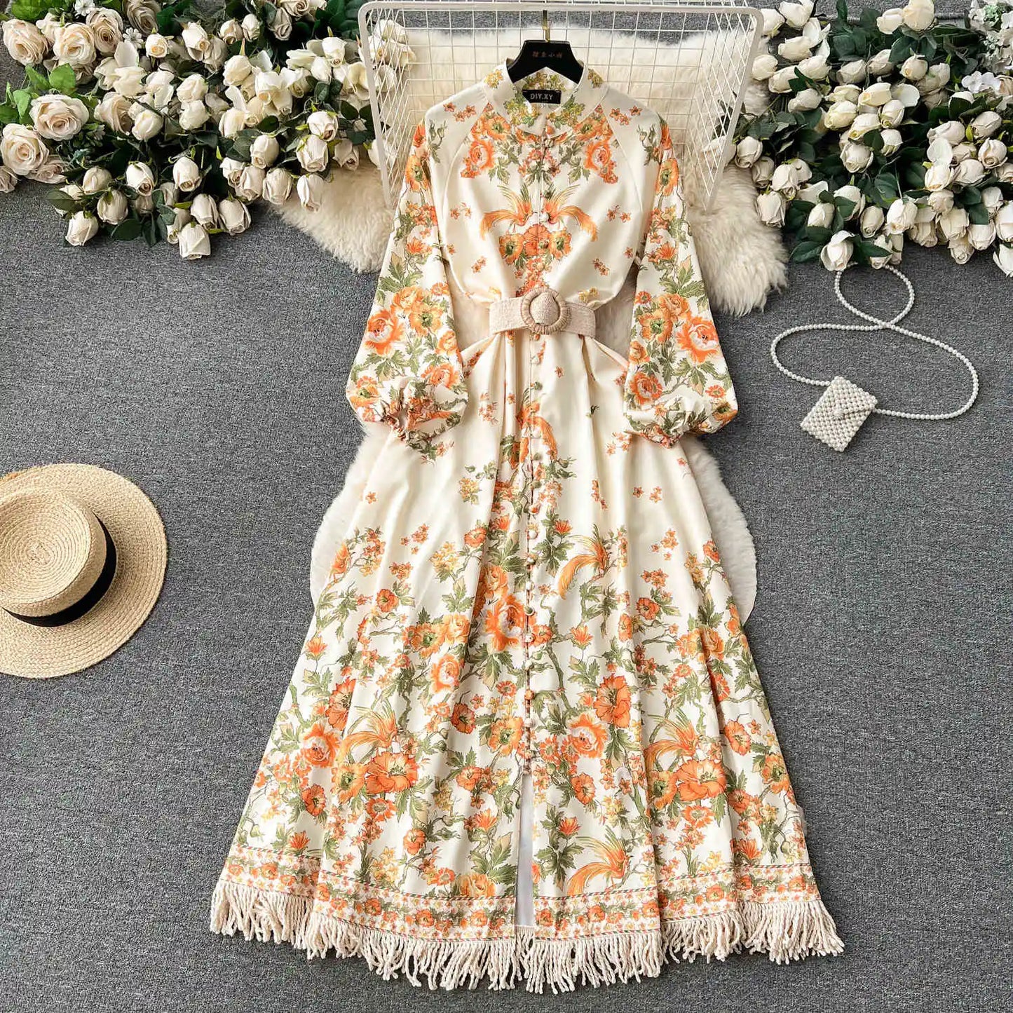 Spring Autumn Women's Dress Vintage Long Sleeve Print Floral High Waist Boho Party Maxi Vestidos Elegant Luxury Long Dresses
