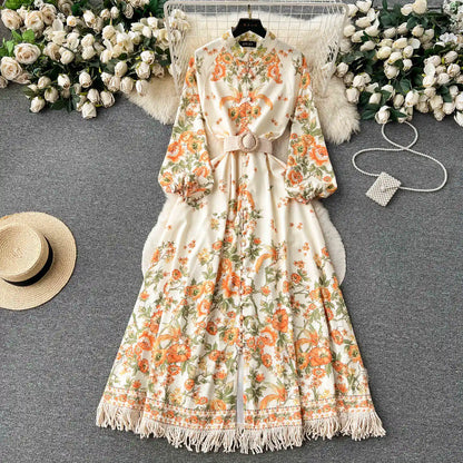 Spring Autumn Women's Dress Vintage Long Sleeve Print Floral High Waist Boho Party Maxi Vestidos Elegant Luxury Long Dresses