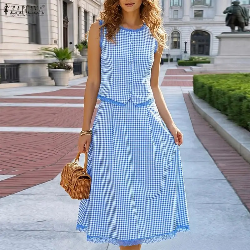 ZANZEA Summer Sleeveless Plaid Patchwork Vests Tops Dress Sets Elegant Women 2 Pieces Sets Stylish OL Work Skirt Suit OL Outfits
