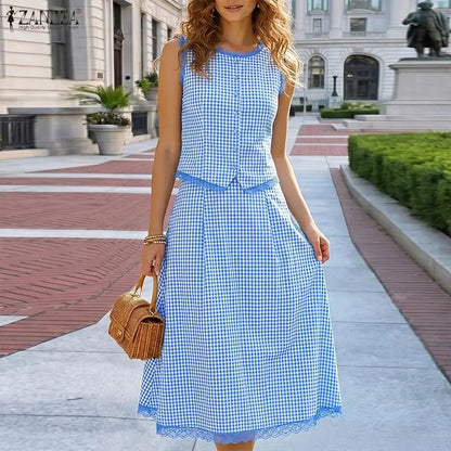 ZANZEA Summer Sleeveless Plaid Patchwork Vests Tops Dress Sets Elegant Women 2 Pieces Sets Stylish OL Work Skirt Suit OL Outfits