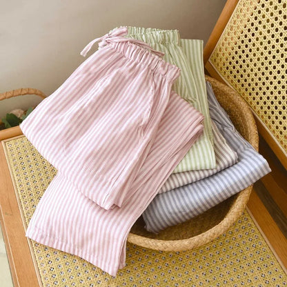 2026 New Women's Spring/Summer Sleeper Pants 100% Cotton Gauze Striped Tether Pants Striped Loose Thin Home Pants