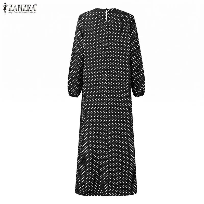 ZANZEA Casual Polka Dots Printed Women Muslim Abaya Dress O Neck Long Sleeve Sundress Dubai Robe Kaftan Bohemian Maxi Dresses