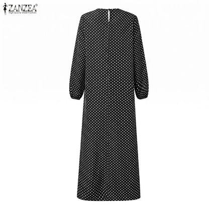 ZANZEA Casual Polka Dots Printed Women Muslim Abaya Dress O Neck Long Sleeve Sundress Dubai Robe Kaftan Bohemian Maxi Dresses