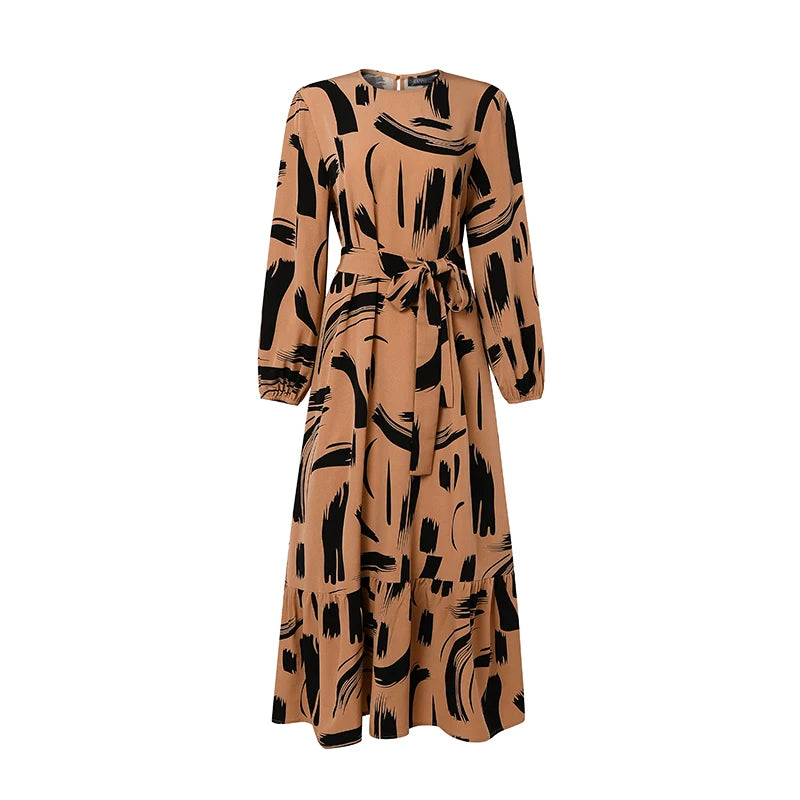 ZANZEA Stylish Women Printed Muslim Dress Abaya Elegant O Neck Long Lantern Sleeve Maxi Sundress Dubai Robe Femme Casual Kaftan