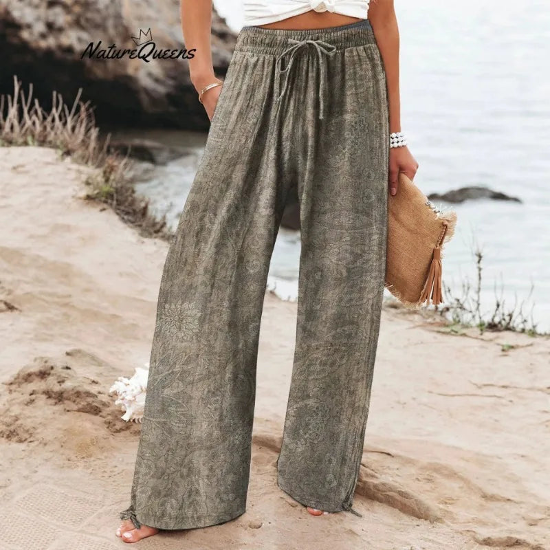 Women's New High Waist Loose Casual Wide Leg Print Pants Summer Beach EU US Style Comfy Flowy Trousers