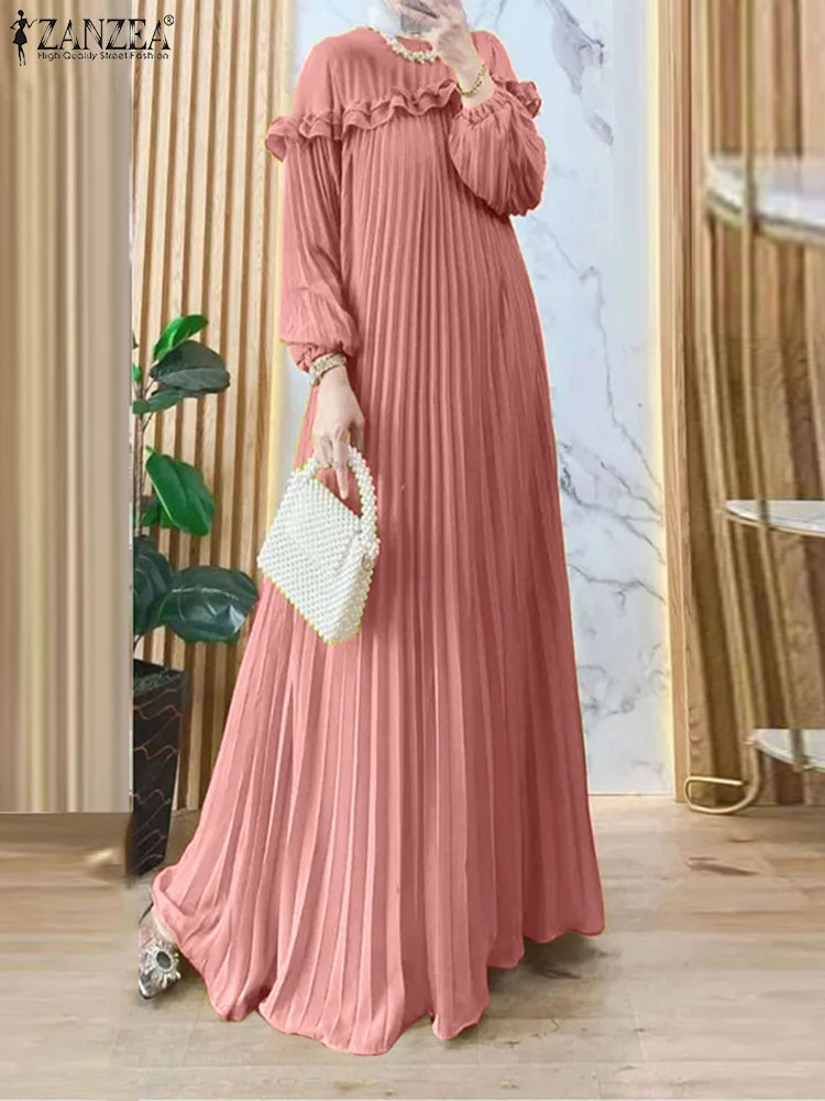 Muslim Elegant Maxi Dresses 2025 ZANZEA Spring Fashion Women Long Sleeve Pleated Party Sundress IsIamic Robe Turkey Dubai Abaya