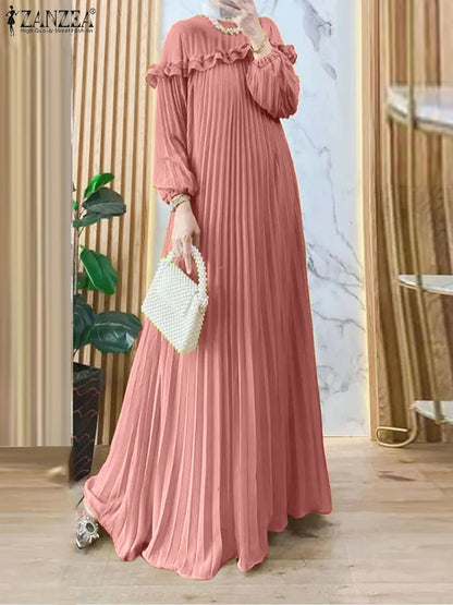 Muslim Elegant Maxi Dresses 2025 ZANZEA Spring Fashion Women Long Sleeve Pleated Party Sundress IsIamic Robe Turkey Dubai Abaya