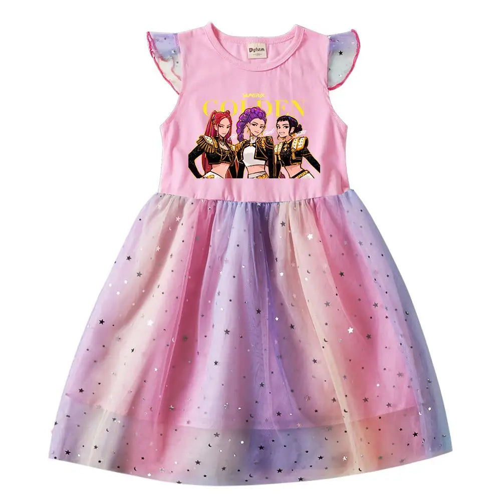 K-Pop Hunters Rumi Baby Girls Dress Children Cartoon Mesh Star Sequins Princess Dress Kids Flying Sleeve Skirt For Birthday Gift
