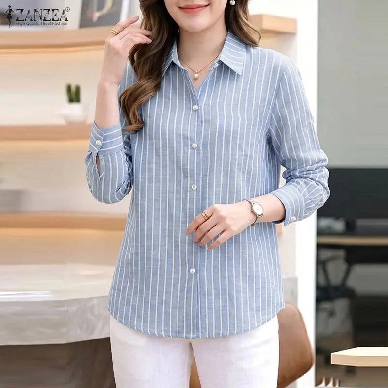 ZANZEA Women Loose Long Sleeve Shirts Striped Turn-Down Collar Button Up Oversized Tops 2026 Autumn Commute Work Camisas Mujer